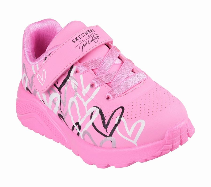 Zapatillas niña Skechers Love Levitate James Goldcrown Los Angeles sneakers color rosa y estampado corazones multicolor plata y negro con cierre de tira adherente y elasticos para peques lavables en lavadora y con sistema easy on easy off