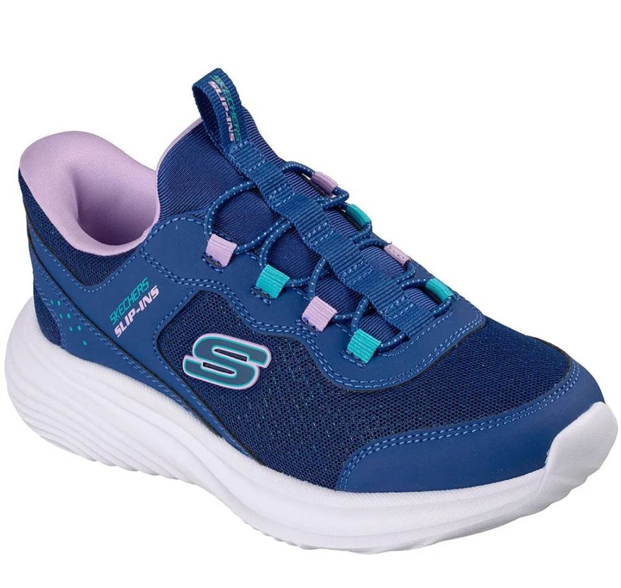 Zapatillas niña Skechers Slip-Ins modelo Bouncer Pro Step One color azul navy y malva con elasticos y sistema hands free para ponerselas sin manos muy ligeras y muy comodas lavables en lavadora con sistema air cooled y memory foam by Skechers