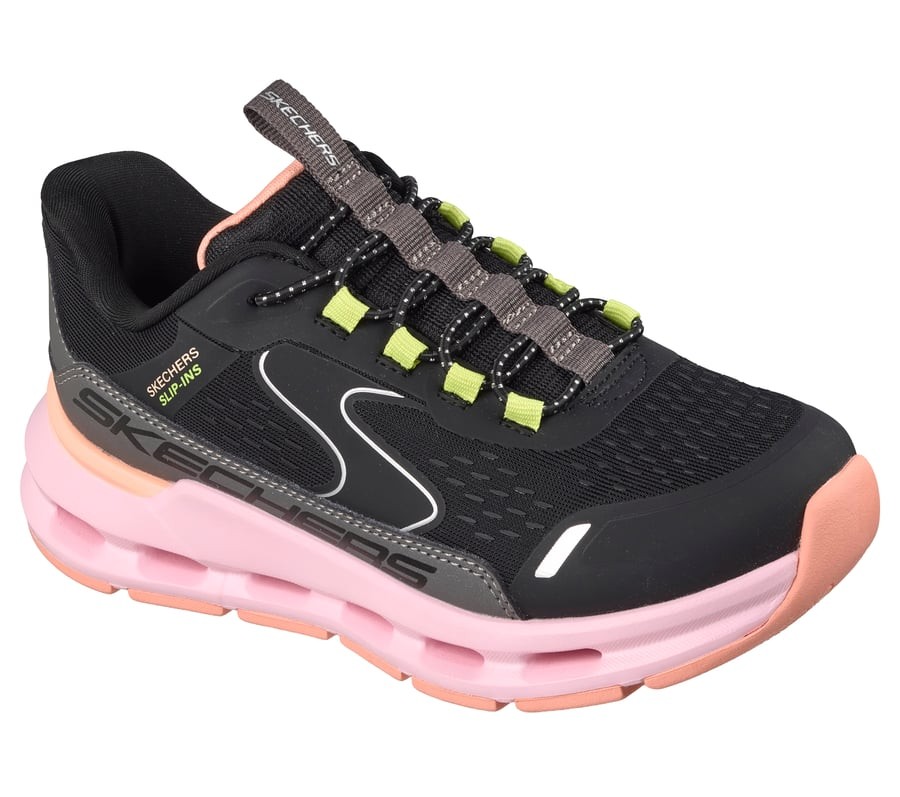 Zapatillas niña Skechers con tecnologia Slip-ins modelo Glide Step Vista Lane color negro rosa y naranja muy cómodas y faciles de poner sin utilizar las manos solo deslizando el pie lavables en lavadora con air-cooled y suela memory foam muy comodas