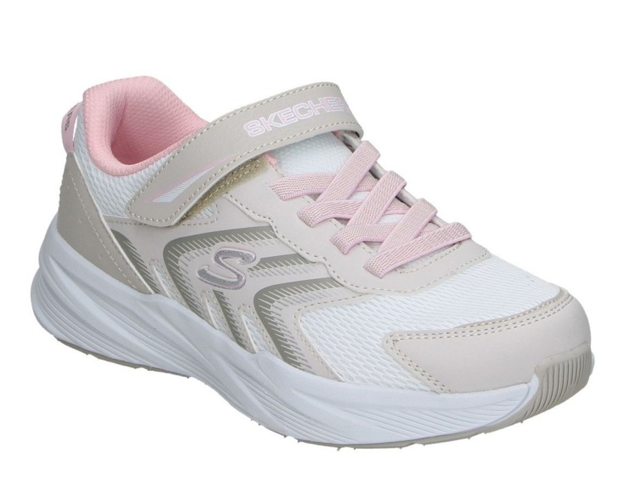 Zapatillas niña Skechers modelo Microspec Tread color blanc0 rosa y beig deportivas skechers muy ligeras y comodas con cierre de tira adherente y elasticos con sistema easy on y off y lavables en lavadora designed in Los Angeles