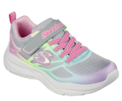 Zapatillas niña Skechers modelo Power Jams color gris y multicolor y suela blanca con cierre de tira adherente y elasticos muy ligeras y muy comodas lavables en lavadora designed in Los Angeles powered by Skechers