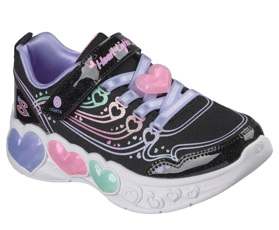 Zapatillas niña Skechers modelo S-Lights Enchanted Heart Lights con luces en los corazones de la suela y corazon en los cordones sneakers Skechers en color negro y malva con sistema easy on easy off con cierre de tira adherente y elasticos preciosas