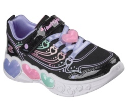 Zapatillas niña Skechers modelo S-Lights Enchanted Heart Lights con luces en los corazones de la suela y corazon en los cordones sneakers Skechers en color negro y malva con sistema easy on easy off con cierre de tira adherente y elasticos preciosas
