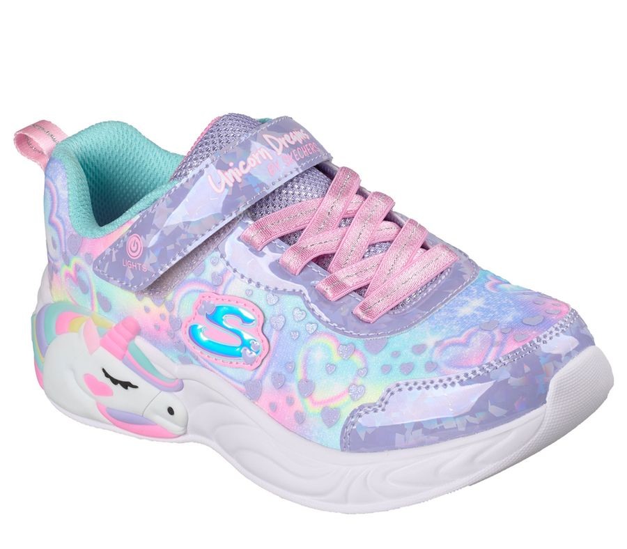 Zapatillas niña Skechers modelo Unicorn dreams heart sparkless con unicornio corazones y luces en unicornio y boton on y off sneakers Skechers color lavanda y multicolor con sistema easy on easy off y cierre de tira adherente y elasticos preciosas