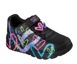 Zapatillas niña Skechers modelo Uno Lite Heart Status Joy James Goldcrown Los Angeles sneakers color negro estampado corazones multicolor con cierre de tira adherente y dos corazones en los elasticos lavables en lavadora con air cooled y memory foam