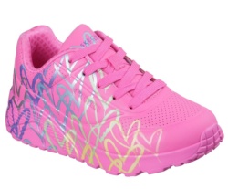 Zapatillas niña Skechers modelo Uno Lite Metallic Joy James Goldcrown Los Angeles sneakers color rosa y estampado corazones multicolor con cierre de cordones lavables en lavadora con air cooled y memory foam