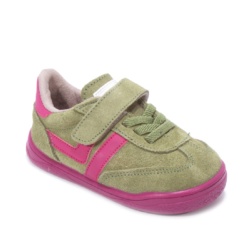 Zapatillas niña Zapy modelo Milan color manzana verde y rosa fucsia calzado barefoot con cierre de tira adherente y elasticos calzado respetuoso Zapyflex natural steps made in Spain muy comodas y flexibles sneakers barefoot con la calidad de Zapy