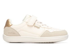 Zapatillas niña barefoot de la marca Xti color beige y oro, sneakers de calzado respetuoso Xti free walking con cierre de tira adherente y elasticos muy comodas y ligeras con certificado Vegano y tecnologia comfort tech y memory foam pro