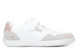 Zapatillas niña barefoot de la marca Xti color blanc0 y rosa sneakers de calzado respetuoso Xti free walking con cierre de tira adherente y elasticos muy comodas y ligeras con certificado Vegano y tecnologia comfort tech y memory foam pro