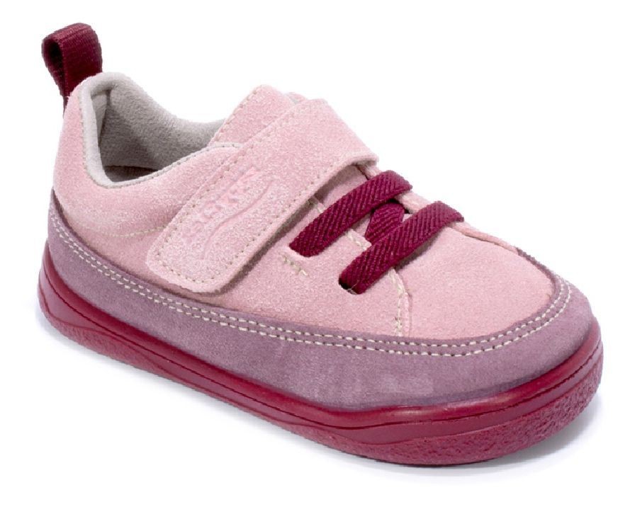 Zapatillas niña barefoot de la marca Zapy modelo Palermo zapatos Brucher color vino y rosa sneakers Zapyflex calzado respetuoso fabricado en España con cierre de tira adherente y elasticos muy comodas y flexibles