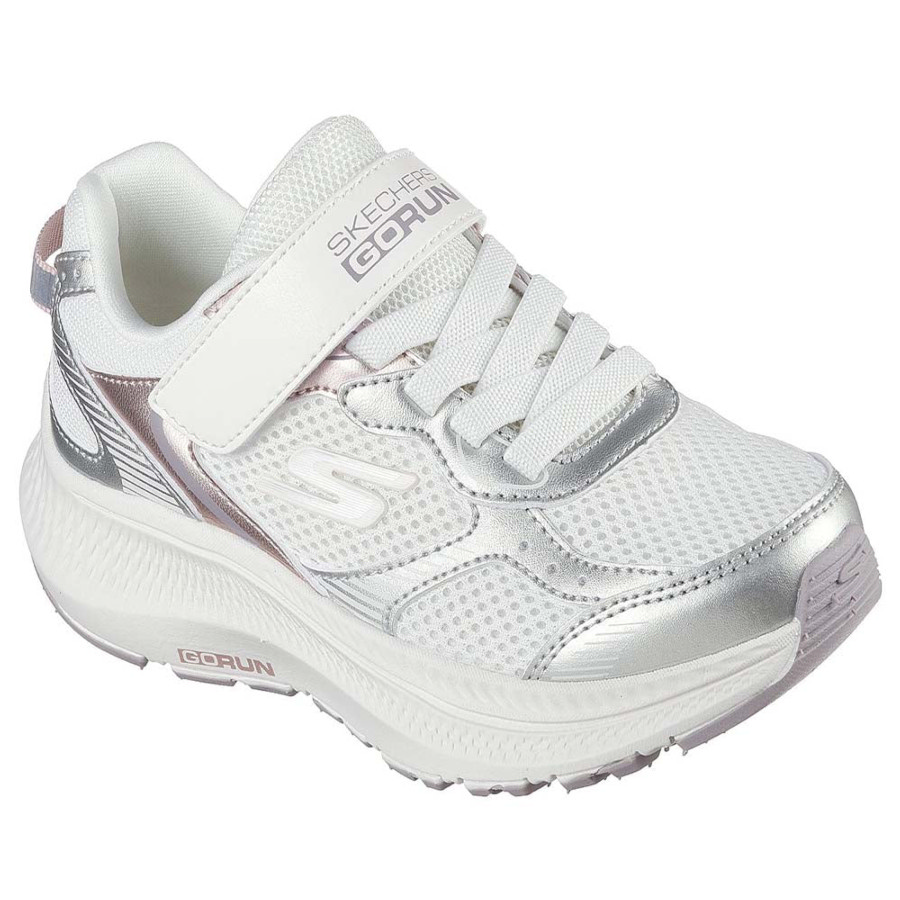 Zapatillas niña de la marca Skechers modelo Go Run Hi Luxe color blanc0 plata y oro rosa muy ligeras deportivas Skechers con cierre de tira adherente y elasticos con sistema air cooled y goga mat lavables en lavadora muy trending