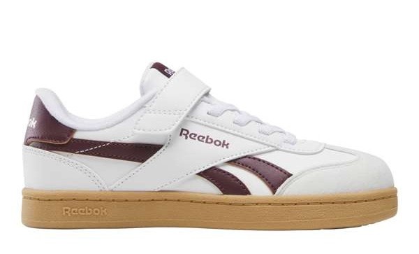 Zapatillas niña y niño Reebok modelo Smash Edge elastic and top strap lifesyle color blanc0 con logo morado y suela en crema sneakers unisex tennis vintage 90's Reebok muy trending con cierre de tira adherente y elasticos y puntera en T muy comodas