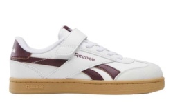 Zapatillas niña y niño Reebok modelo Smash Edge elastic and top strap lifesyle color blanc0 con logo morado y suela en crema sneakers unisex tennis vintage 90's Reebok muy trending con cierre de tira adherente y elasticos y puntera en T muy comodas
