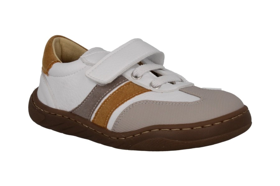 Zapatillas niño Andanines barefoot Kobe Bourne color blanc0 y mostaza con puntera reforzada sneakers de calzado respetuoso de la marca Andanines fabricados en piel y hechos en España muy comodos y flexibles
