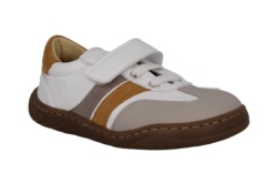 Zapatillas niño Andanines barefoot Kobe Bourne color blanc0 y mostaza con puntera reforzada sneakers de calzado respetuoso de la marca Andanines fabricados en piel y hechos en España muy comodos y flexibles