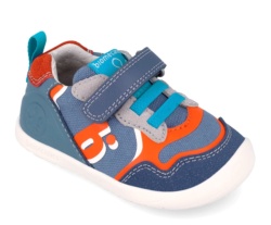 Zapatillas niño Biomecanics barefoot color azul petrol y naranja con cierre de tira adherente y elasticos para un perfecto ajuste deportivos urban de calzado respetuoso de Biomecanics sneakers muy comodas y flexibles