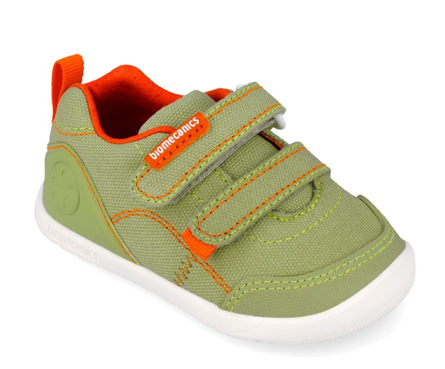 Zapatillas niño Biomecanics barefoot de lona color verde y naranja con cierre de doble tira adherente para un perfecto ajuste deportivos urban de calzado respetuoso de Biomecanics sneakers muy comodas y flexibles con plantilla always dry