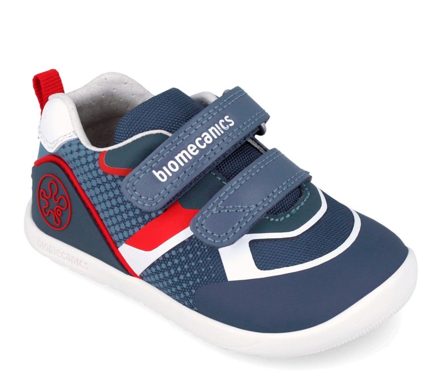 Zapatillas niño Biomecanics barefoot de rejilla color azul petrol rojo y blanc0 zapato sport de Biomecanic calzado respetuoso con el desarrollo natural del pie para gateo y primeros pasos con cierre de doble tira adherente muy comodos y flexibles