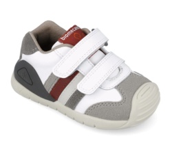 Zapatillas niño Biomecanics color blanc0 y gris con cuatro tiras multicolor calzado respetuoso con el desarrollo natural del pie para gateo y primeros de piel y cierre de tira adherente con plantilla always dry