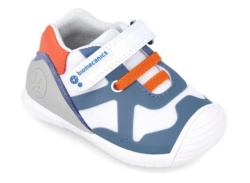 Zapatillas niño Biomecanics color blanco azul y naranja deportivos Biomecanics de rejilla con cierre de velcro y elasticos para gateo y primeros pasos muy comodas
