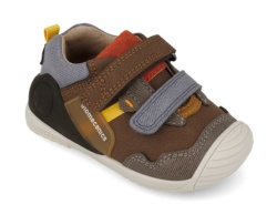 Zapatillas niño Biomecanics urban color chocolate azul y rojo de piel nobuck zapatos respetuosos con el crecimiento natural del pie para gateo y primeros pasos con cierre de doble tira adherente by Biomecanics y avalados por el IBV