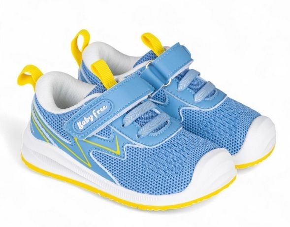 Zapatillas niño Chetto Baby Free barefoot modelo rayo color azul amarillo y blanc0 deportivas para peques calzado respetuoso de la marca Chetto ultraligeras comodas y mega flexibles con cierre de tira adherente y elasticos lavables en lavadora