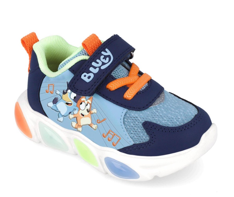 Zapatillas niño Garvalin con luces y con estampado de la franquicia Bluey y Bingo puntera reforzada cierre de tira adherente y elasticos deportivo de color azul y multicolor con luces