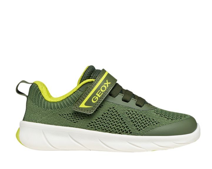 Zapatillas niño Geox barefoot color verde militar y lima deportivos de rejilla de la gama de calzado respetuoso de Geox respira muy comodos y flexibles con cierre de tira adherente y elasticos recomendados por la asociacion de podologos de Italia