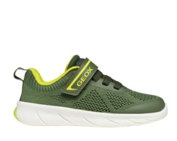 Zapatillas niño Geox barefoot color verde militar y lima deportivos de rejilla de la gama de calzado respetuoso de Geox respira muy comodos y flexibles con cierre de tira adherente y elasticos recomendados por la asociacion de podologos de Italia