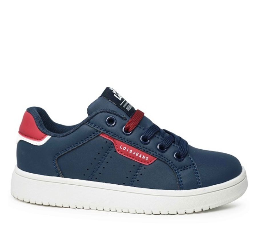 Zapatillas niño Lois color azul navy marino y vino y suela color blanc0 sneakers Lois Jeans tipo tennis con cierre de cordones azul y vino muy trending para combinar con cualquier look