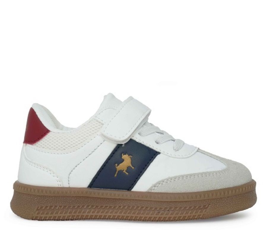 Zapatillas niño Lois color blanc0 granate y azul y suela color caramelo sneakers Lois con cierre de tira adherente y elasticos muy trending para combinar con cualquier look