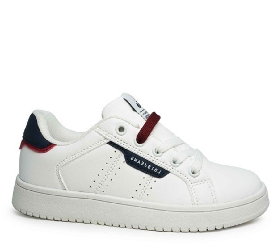 Zapatillas niño Lois color blanco y azul sneakers Lois Jeans tipo tennis con cierre de cordones blanco y vino muy trending para combinar con cualquier look
