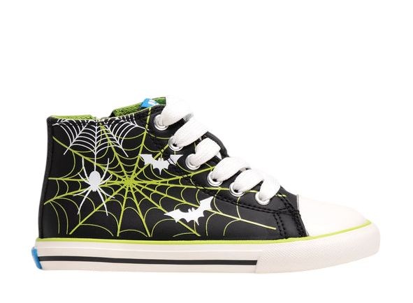 Zapatillas niño Mustang Free barefoot color Losfo negro y verde con estampado de araña y murcielago y luces en los cordones deportivos tipo bota de Mustang calzado respetuoso con cierre de cremallera lateral veganas y avaladas por el Dr Juanjo Lopez