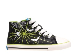 Zapatillas niño Mustang Free barefoot color Losfo negro y verde con estampado de araña y murcielago y luces en los cordones deportivos tipo bota de Mustang calzado respetuoso con cierre de cremallera lateral veganas y avaladas por el Dr Juanjo Lopez