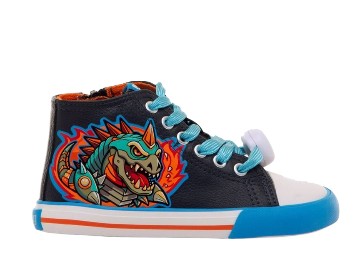 Zapatillas niño Mustang Free barefoot color Usain azul navy con estampado de dinosaurio robot y luces en los cordones con boton on off deportivos tipo bota de Mustang calzado respetuoso con cierre de cremallera lateral