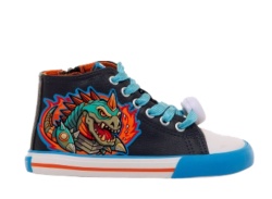 Zapatillas niño Mustang Free barefoot color Usain azul navy con estampado de dinosaurio robot y luces en los cordones con boton on off deportivos tipo bota de Mustang calzado respetuoso con cierre de cremallera lateral