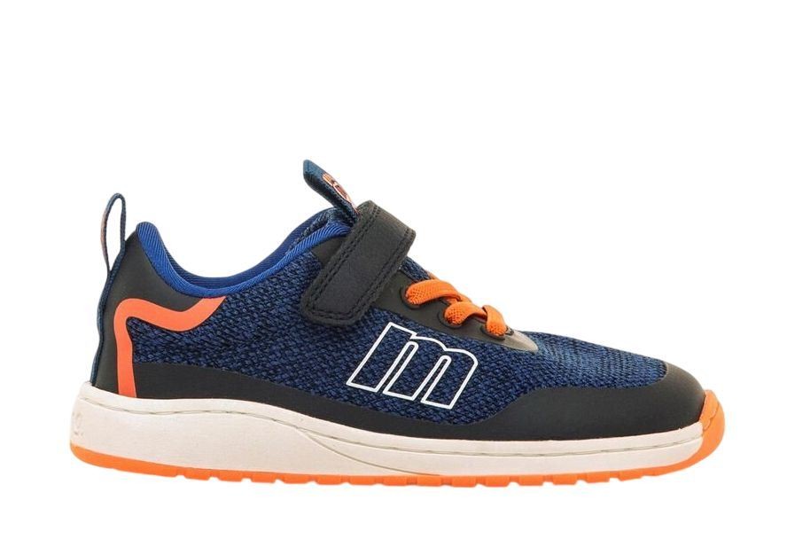 Zapatillas niño Mustang barefoot color tpu azul navy y naranja deportivos para juniors de calzado respetuoso muy comodas y muy flexibles con cierre de tira adherente y elasticos Mustang free con certificado vegano