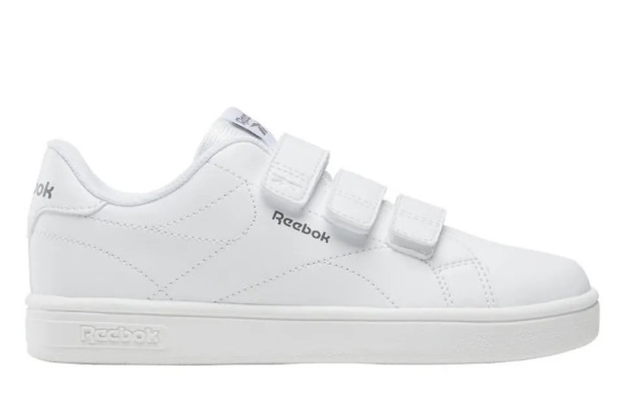 Zapatillas niño Reebok modelo Court clean hook and loop straps color blanc0 con logo gris sneakers tennis unisex Reebok muy trending con cierre de tres tiras adherentes y elasticos deportivos escolares de Reebok muy comodos y trending