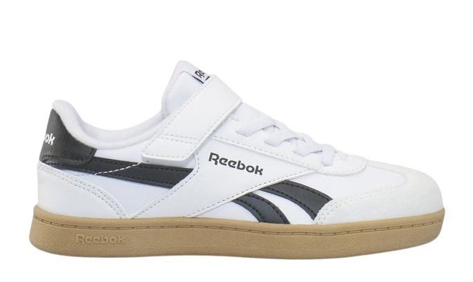 Zapatillas niño Reebok modelo Smash Edge elastic and top strap color blanc0 con logo negro sneakers tennis vintage 90's Reebok muy trending con cierre de tira adherente y elasticos y puntera en T muy comodas y trending