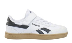 Zapatillas niño Reebok modelo Smash Edge elastic and top strap color blanc0 con logo negro sneakers tennis vintage 90's Reebok muy trending con cierre de tira adherente y elasticos y puntera en T muy comodas y trending
