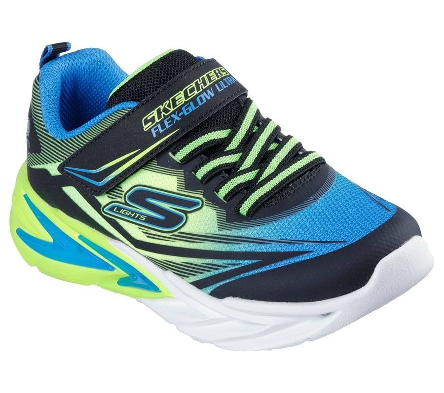 Zapatillas niño Skechers Flex Glow Ultra color azul negro y lima con luces en la suela que se iluminan con boton on off cierre de tira adherente y elasticos ligeras y con sistema easy on off