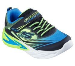 Zapatillas niño Skechers Flex Glow Ultra color azul negro y lima con luces en la suela que se iluminan con boton on off cierre de tira adherente y elasticos ligeras y con sistema easy on off - Ítem