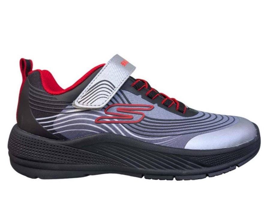Zapatillas niño Skechers Microspec Advance color negro plata y rojo sneakers Skechers lavables en lavadora muy ligeras y con cierre de tira adherente y elasticos deportivas Skechers con sistema easy on off