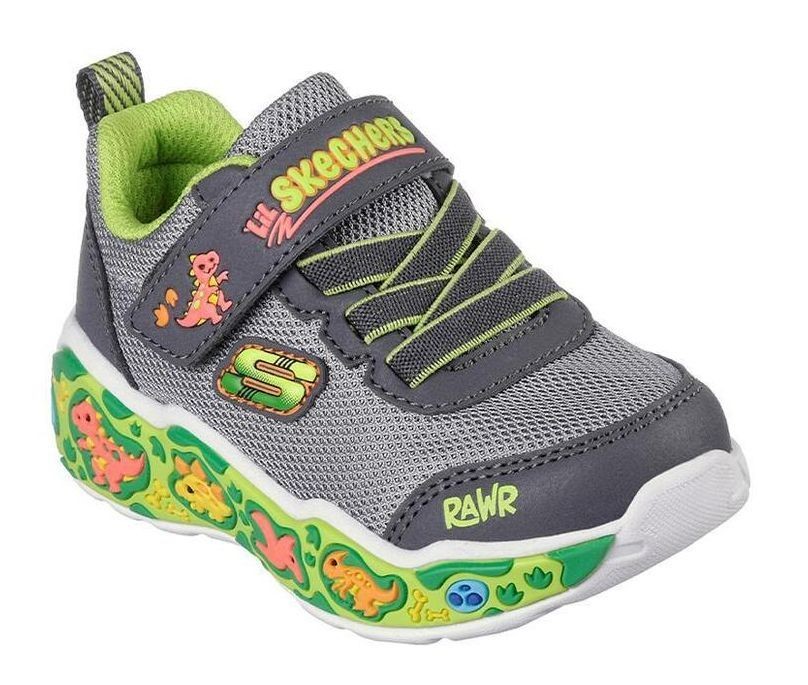 Zapatillas niño Skechers Play Scene con dinosaurios color gris y verde con cierre de tira adherente y elasticos muy ligeras y divertidas deportivos Skechers para peques