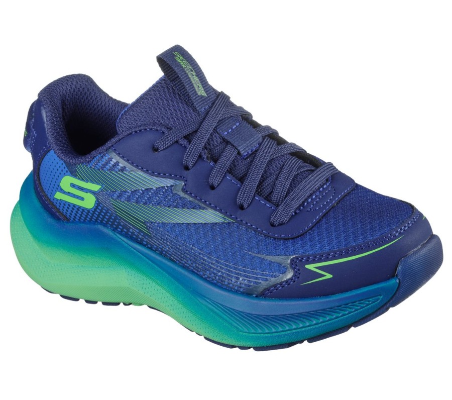 Zapatillas niño Skechers Stable Pacer color azul navy y verde lima deportivos Skechers muy comodas con cierre de cordones Skechers Elite Sport lavables en lavadora con air cooled y Goga Mat Skechers performance