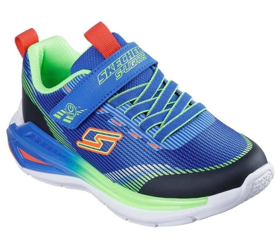 Zapatillas niño Skechers Tri-Namics 2.0 color azul verde y multicolor con luces en la suela que se iluminan con boton on off cierre de tira adherente y elasticos ligeras y con sistema easy on off