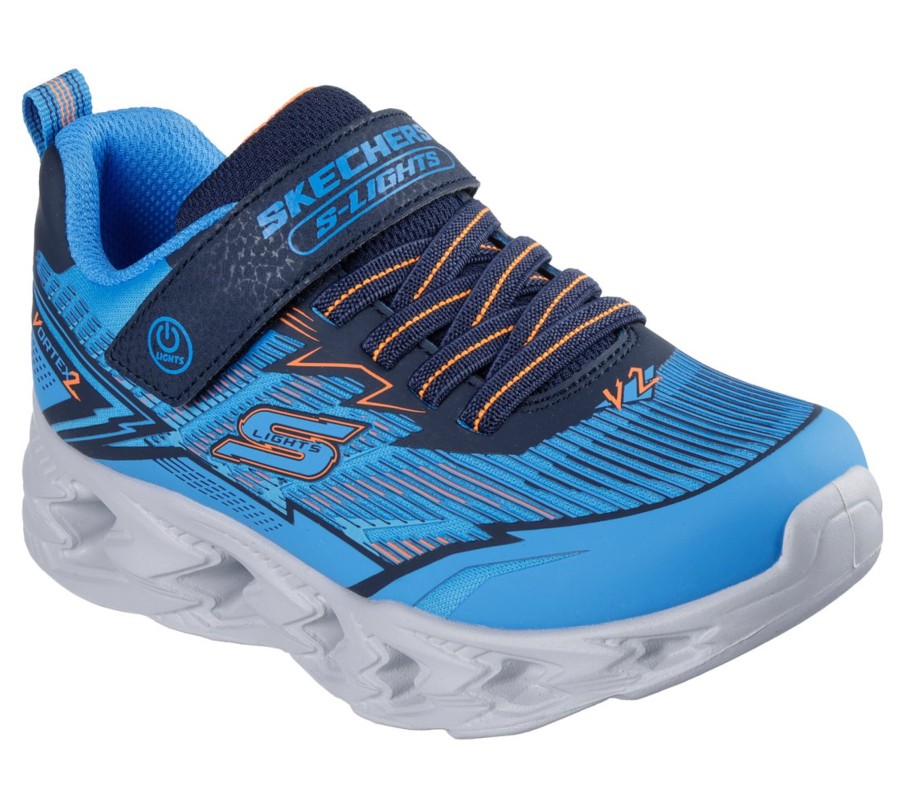 Zapatillas niño Skechers con luces y boton on off modelo Veltrox Vortex 2 color azul negro y naranja deportivas Skechers con cierre de tira adherente y elasticos muy comodas y ligeras con sistema easy on off