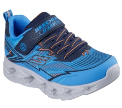 Zapatillas niño Skechers con luces y boton on off modelo Veltrox Vortex 2 color azul negro y naranja deportivas Skechers con cierre de tira adherente y elasticos muy comodas y ligeras con sistema easy on off
