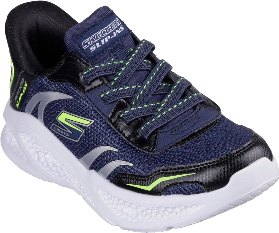 Zapatillas niño Skechers modelo Brisk Beams con luces en la suela con tecnologia Slip-ins para ponerselas sin manos hands free color negro azul y lima con suela air cooled y memory foam muy comodas y con luces de Skechers
