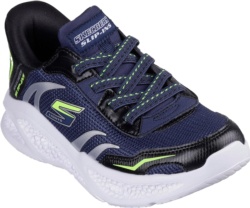 Zapatillas niño Skechers modelo Brisk Beams con luces en la suela con tecnologia Slip-ins para ponerselas sin manos hands free color negro azul y lima con suela air cooled y memory foam muy comodas y con luces de Skechers